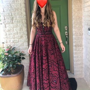 Red Black Gold Beaded Sheer Rose Long Prom Dress 8